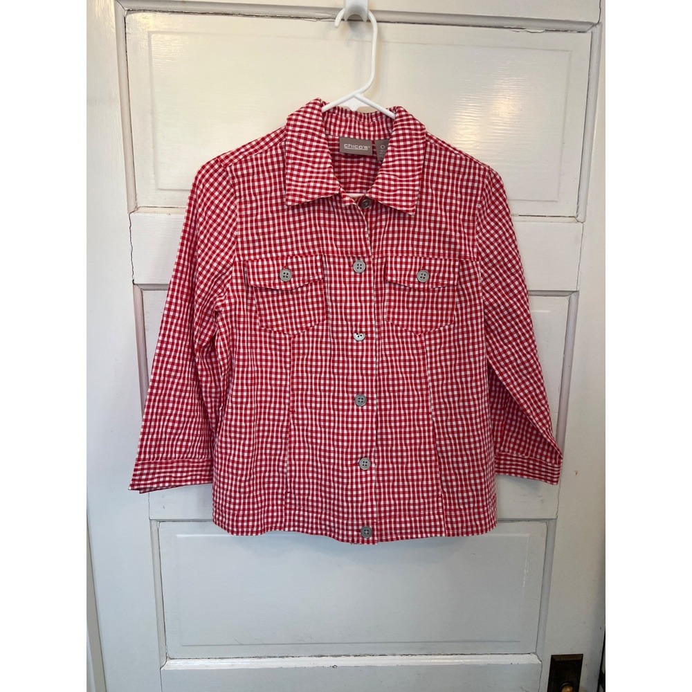 Chicos Sz 0 button up down shirt 3/4 Sleeve red gingham collared